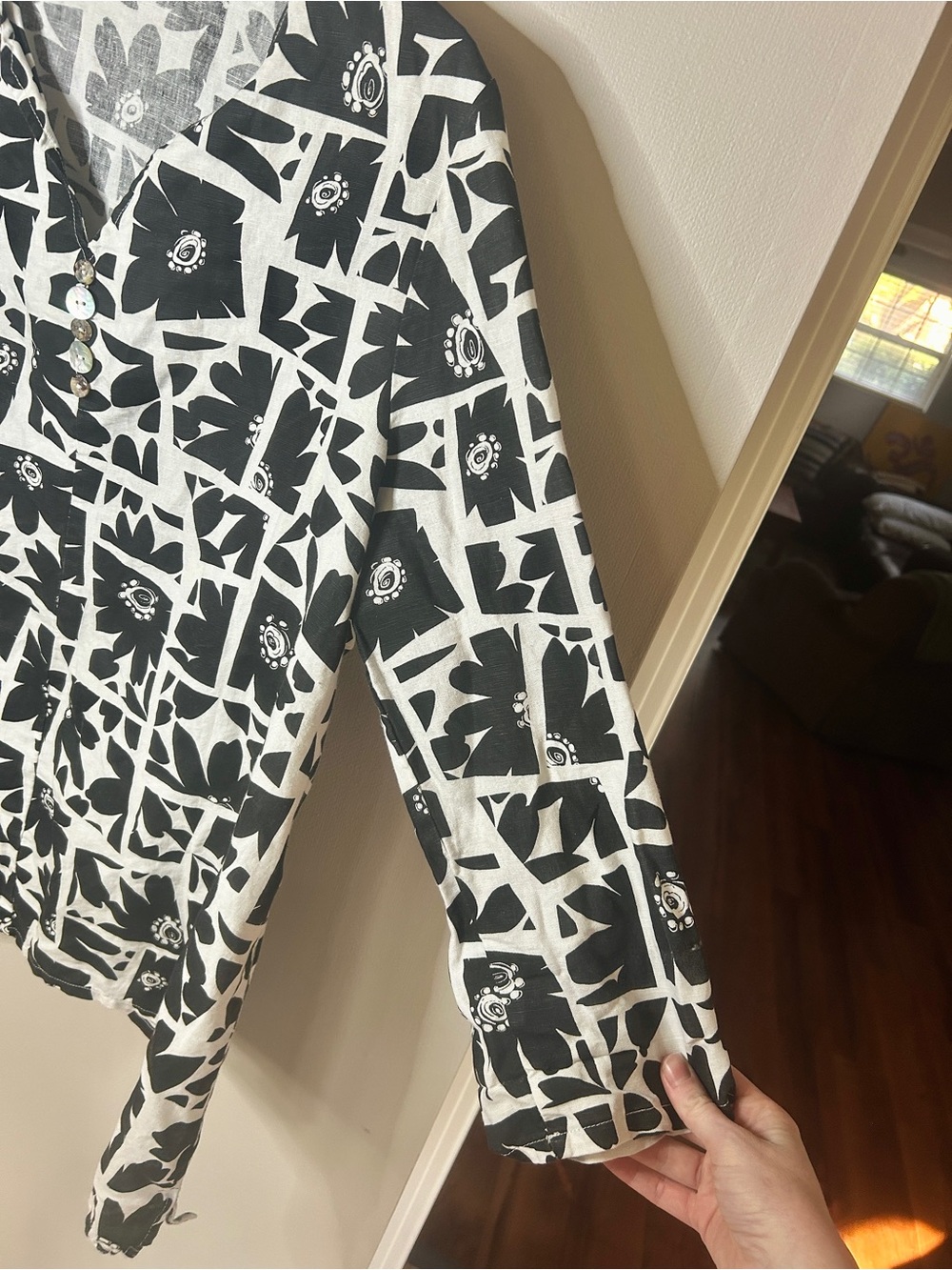 Vintage Hot Cotton Linen Geo Floral Tunic Lagenlook Art Wear USA Black White 1X - Picture 8 of 16
